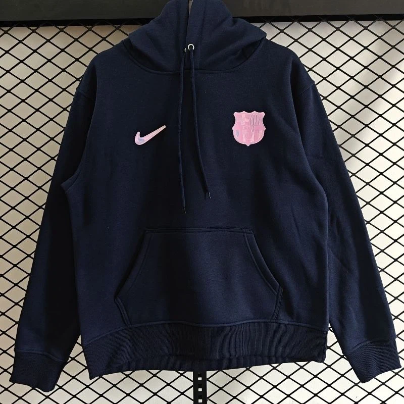 Nike FC Barcelona Men’s Pullover Hoodie, Barca Pastel Pink‑Purple Crest Fan Sweatshirt, Navy Blue